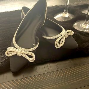 New day Black satin flats with Rhinestone trim and bow/ never worn